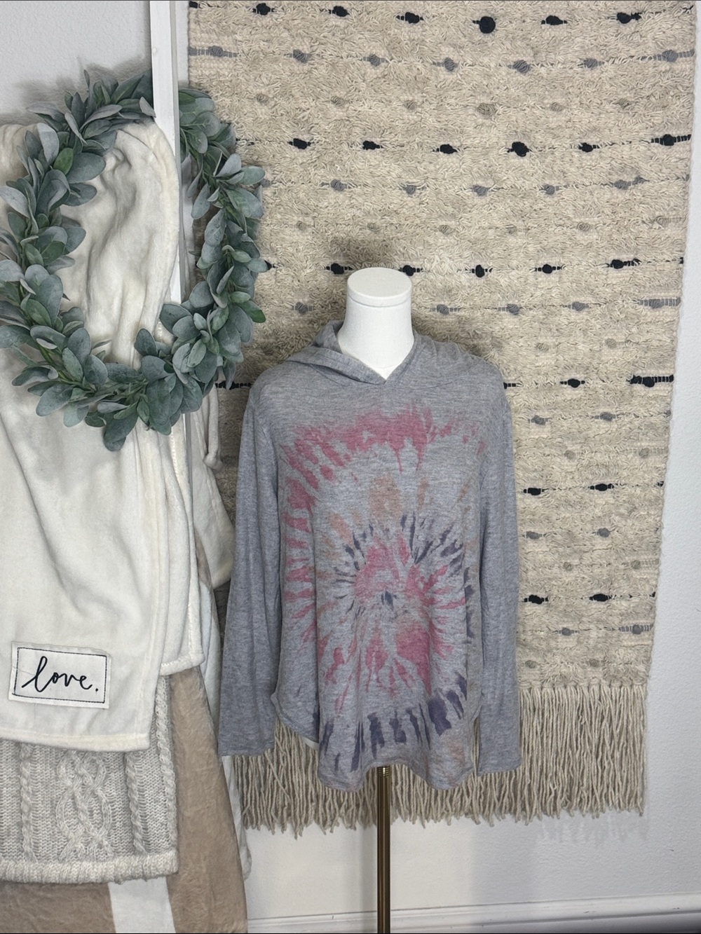 NWT Phil Love Gray Hooded Pullover with Pink Tie-Dye Accent size S